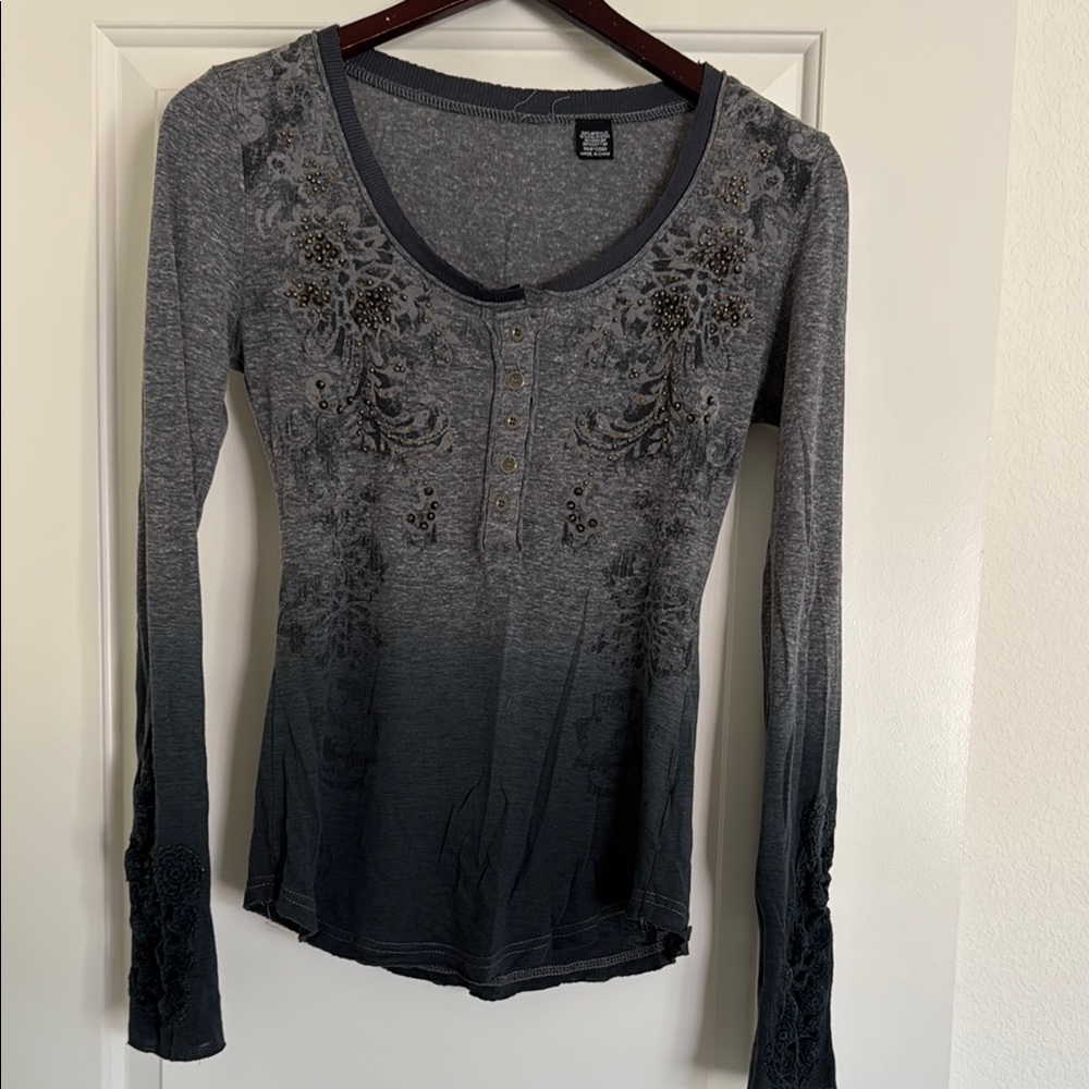 Gray Long Sleeve Top with Beads and Macrame Sleeves